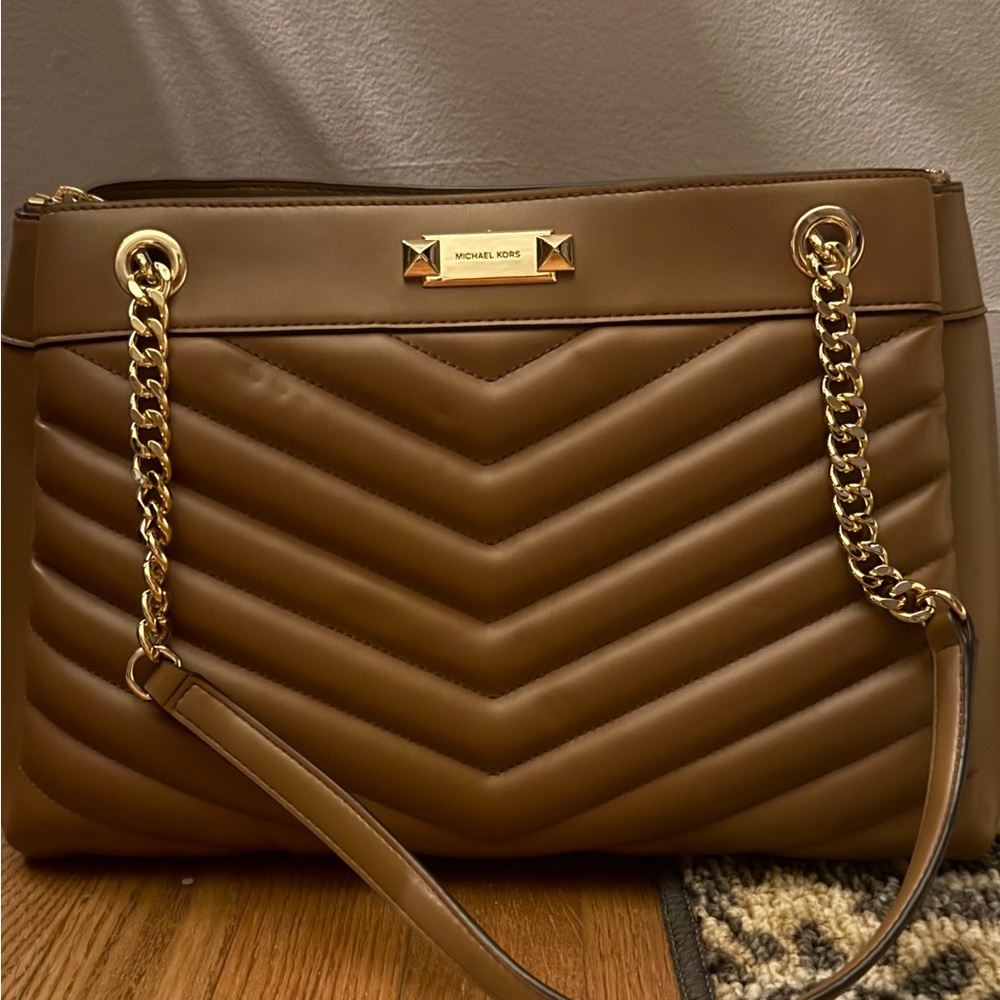 Michael Kors Tan Quilted Shoulder Bag with Gold Accents